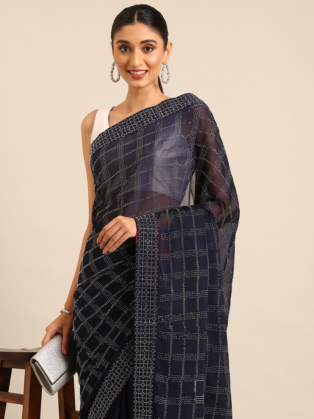 

Kalyan Silks Checked Beads & Stones Saree, Navy blue
