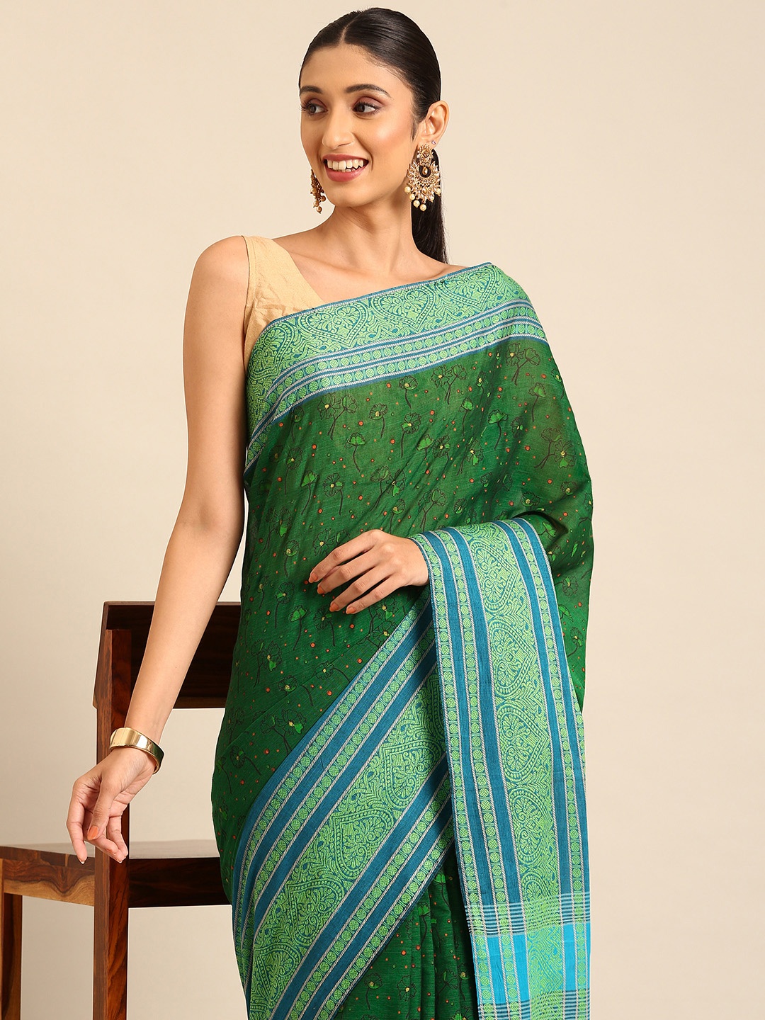 

Kalyan Silks Bagh Pure Cotton Chettinad Saree, Green