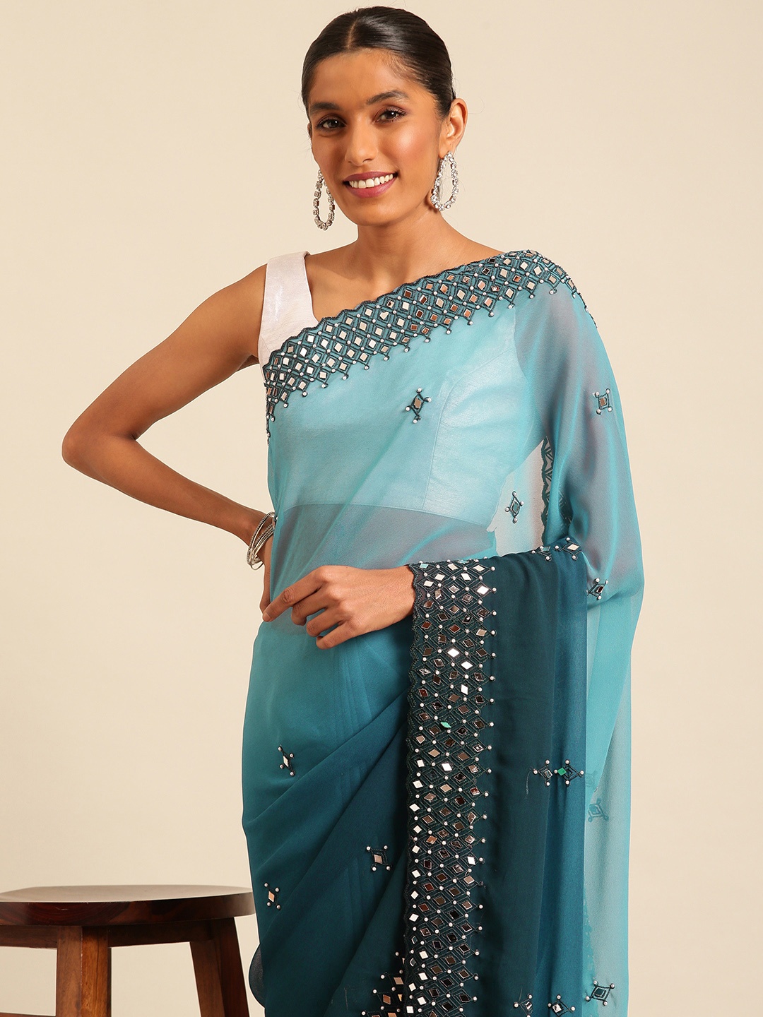 

Kalyan Silks Ombre Mirror Work Saree, Blue