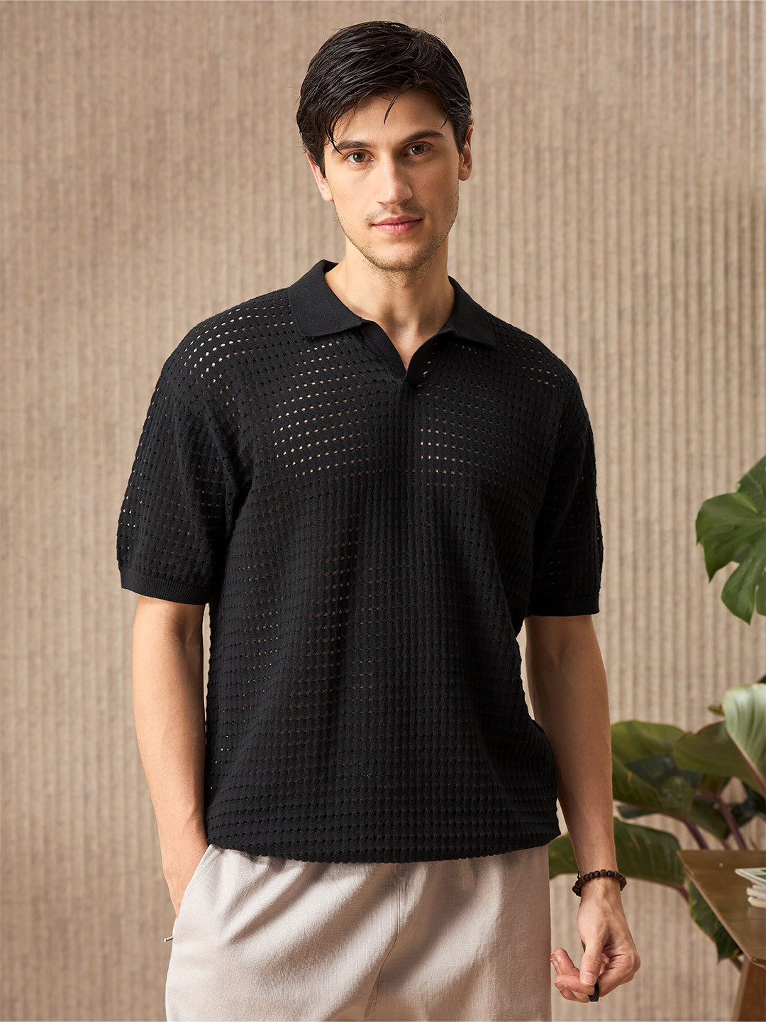

Beyoung Men Self Design Polo Collar T-shirt, Black