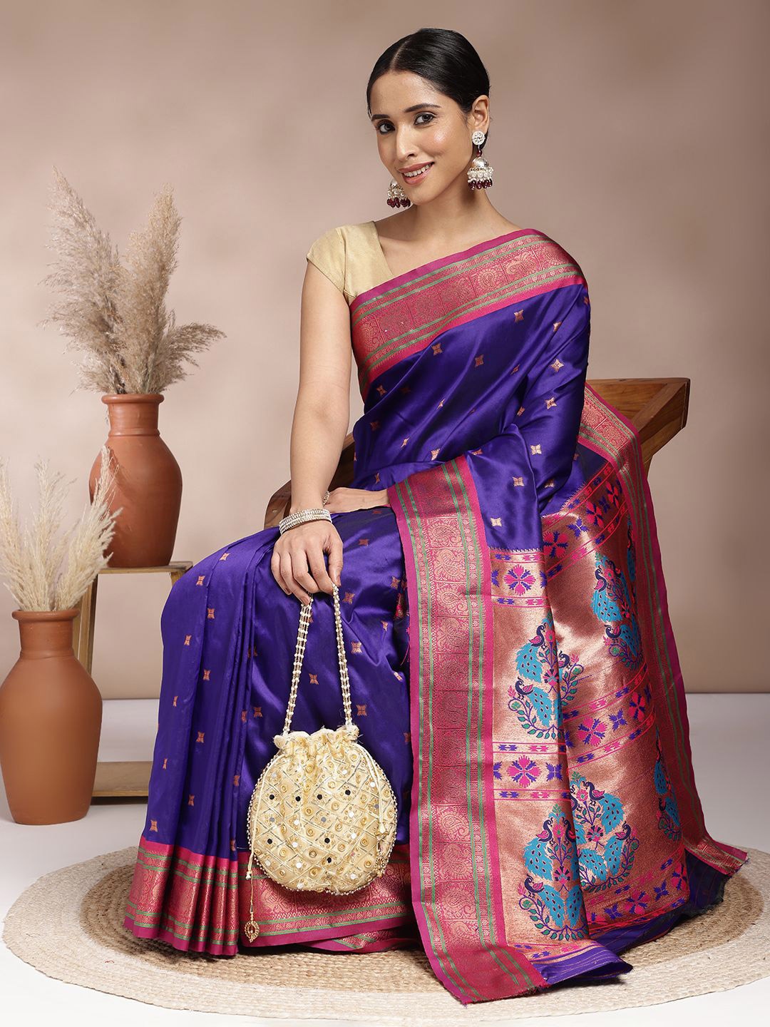 

JUST FASHION Ethnic Motifs Zari Paithani Saree, Purple