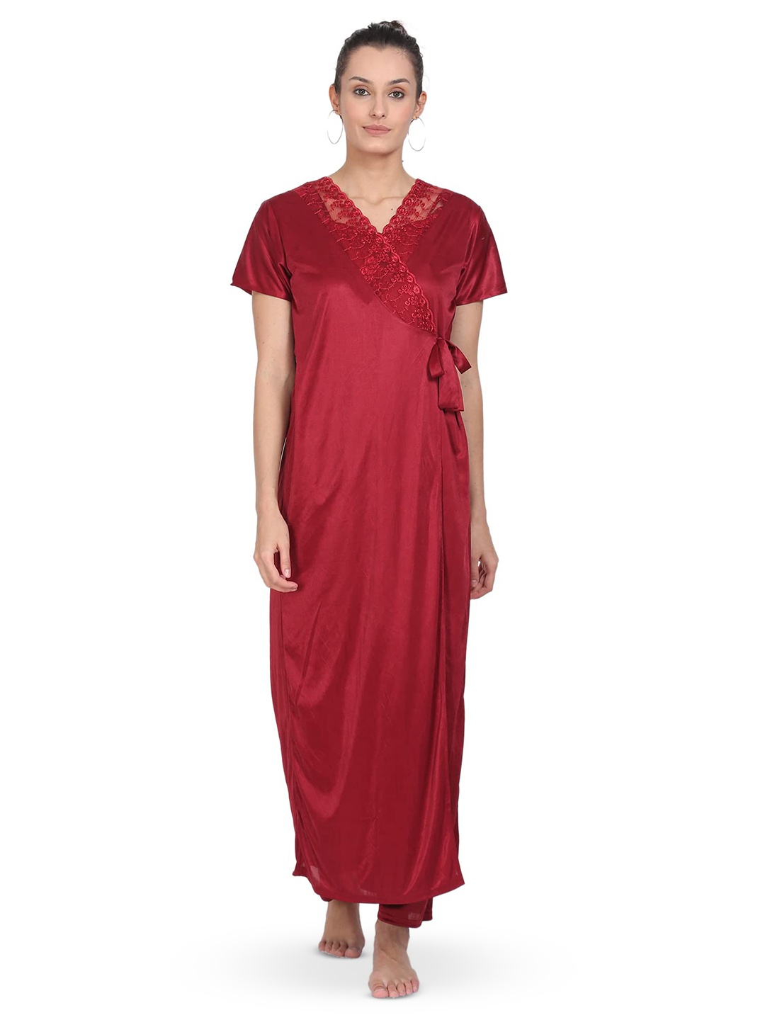 

Noty V Neck Short Sleeves Maxi Nightdress, Maroon