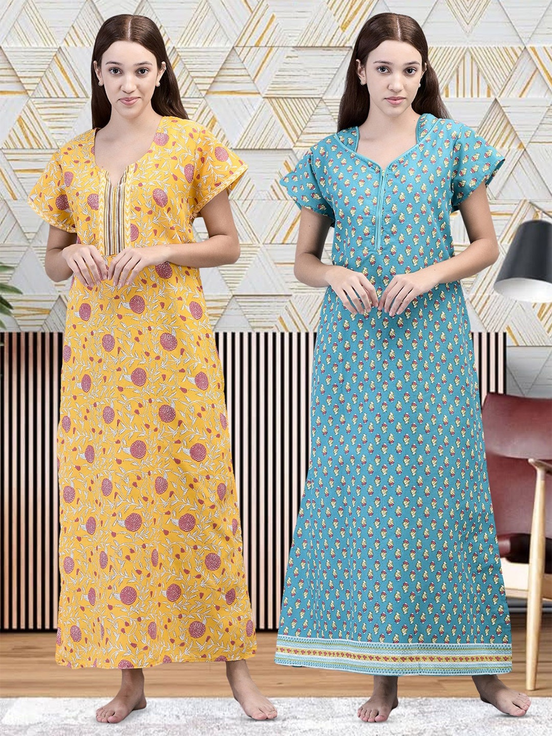 Noty Pack Of 2 V Neck Short Sleeves Printed Maxi Nightdress, Blue