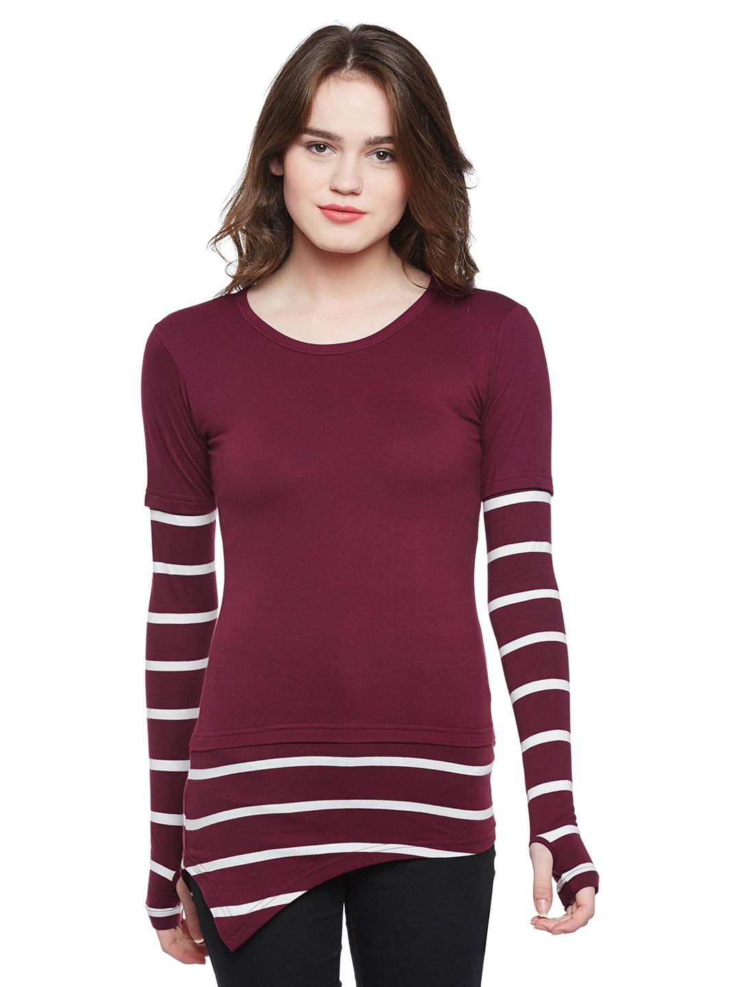 

Hypernation Women Striped T-shirt, Burgundy