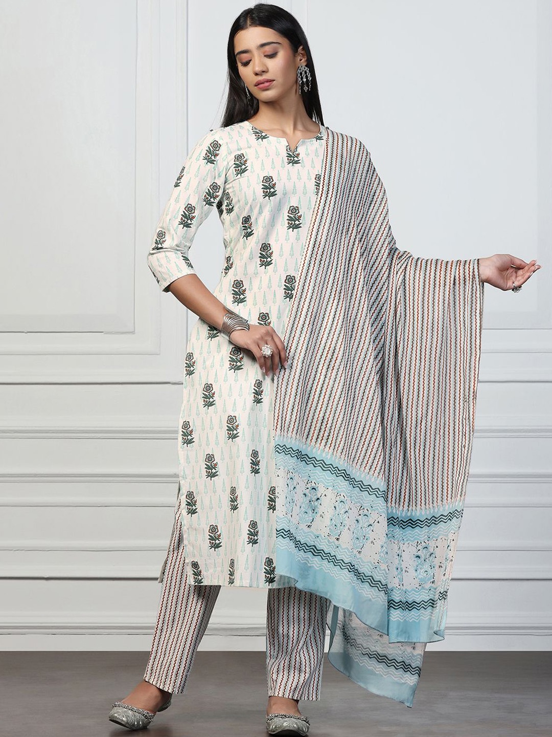 

FASHION DREAM Floral Printed Straight Kurta With Trouser & Dupatta, Off white