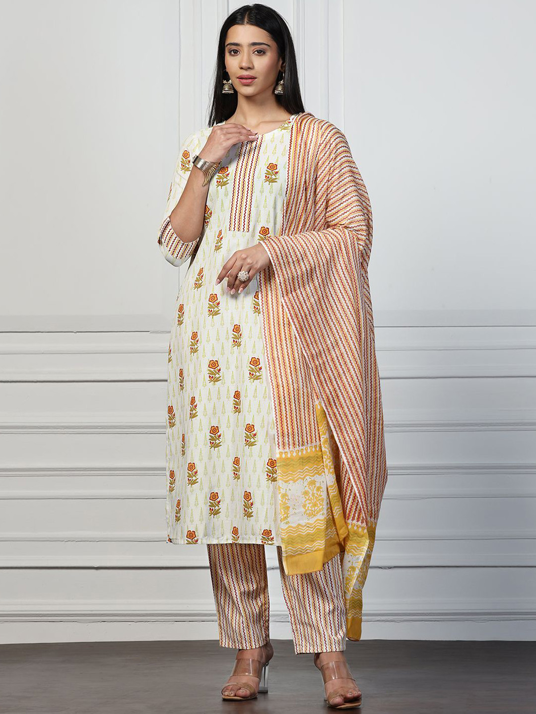 

FASHION DREAM Floral Printed Straight Kurta With Trouser & Dupatta, Off white