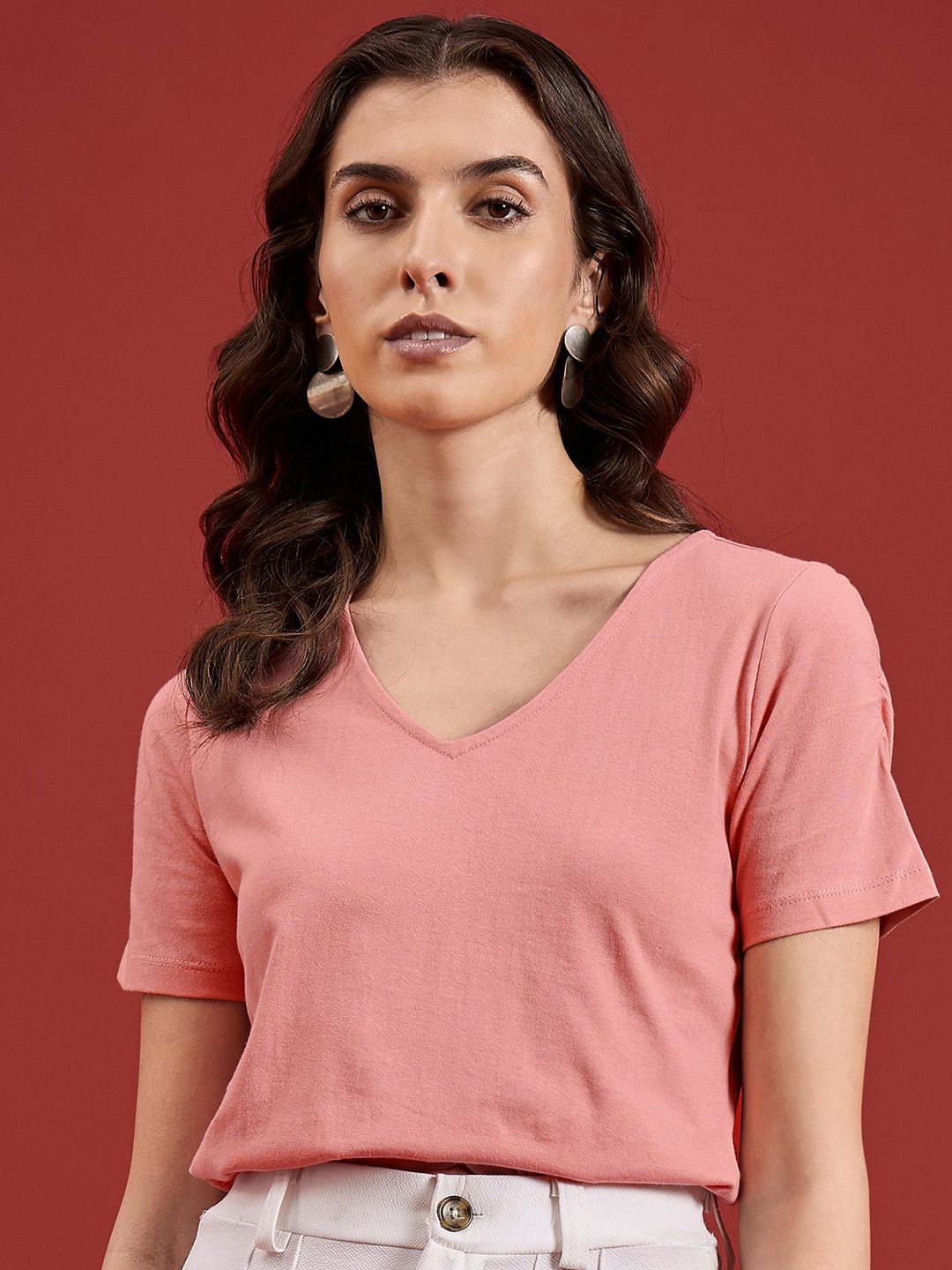 

all about you Women Solid V-Neck T-shirt, Coral