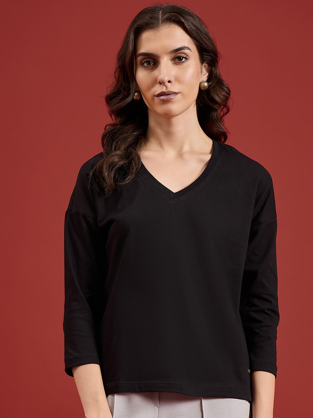 

all about you Women Solid V-Neck T-shirt, Black