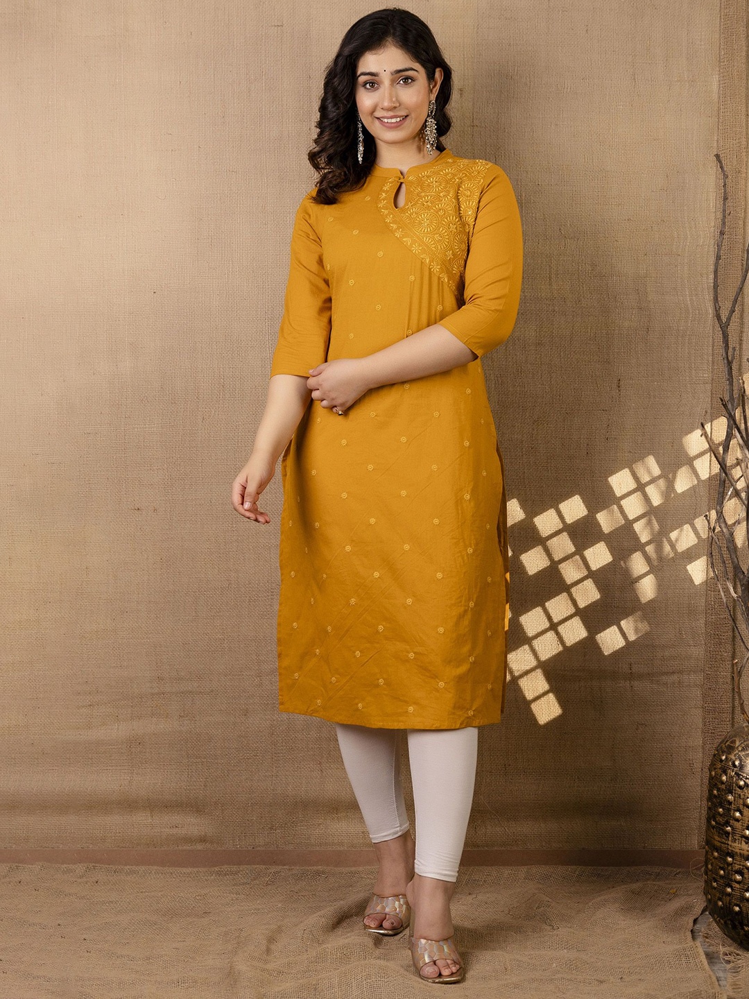 

Charu Embroidered Keyhole Neck Pure Cotton Straight Kurta, Mustard