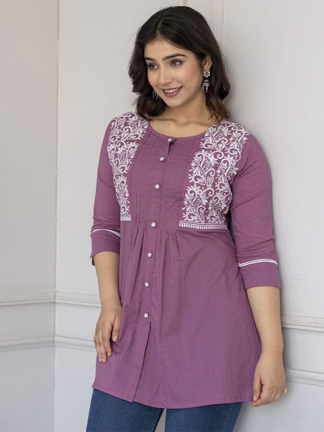 Charu Embroidered Thread Work Pure Cotton Thread Work Kurti, Purple