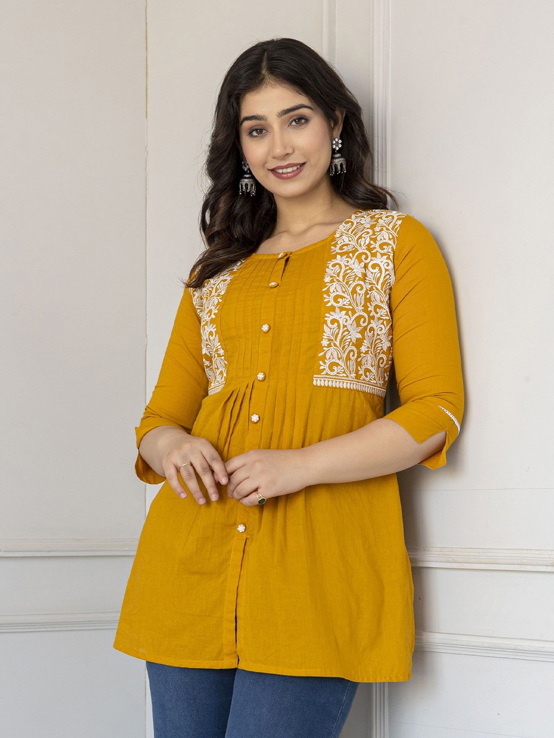 

Charu Embroidered Thread Work Pure Cotton Thread Work Kurti, Mustard