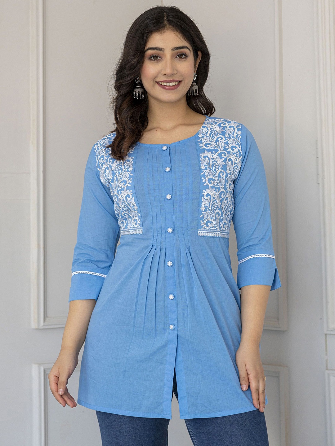 Charu Embroidered Thread Work Pure Cotton Thread Work Kurti, Turquoise blue