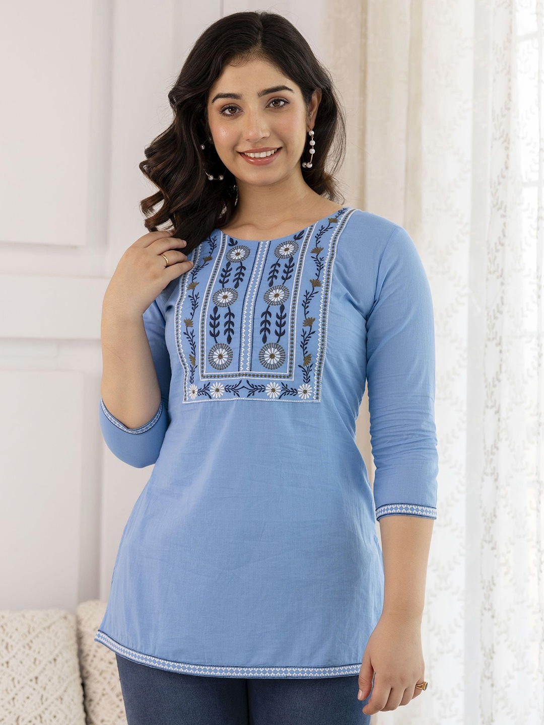 

Charu Floral Embroidered Thread Work Pure Cotton Thread Work Kurti, Turquoise blue