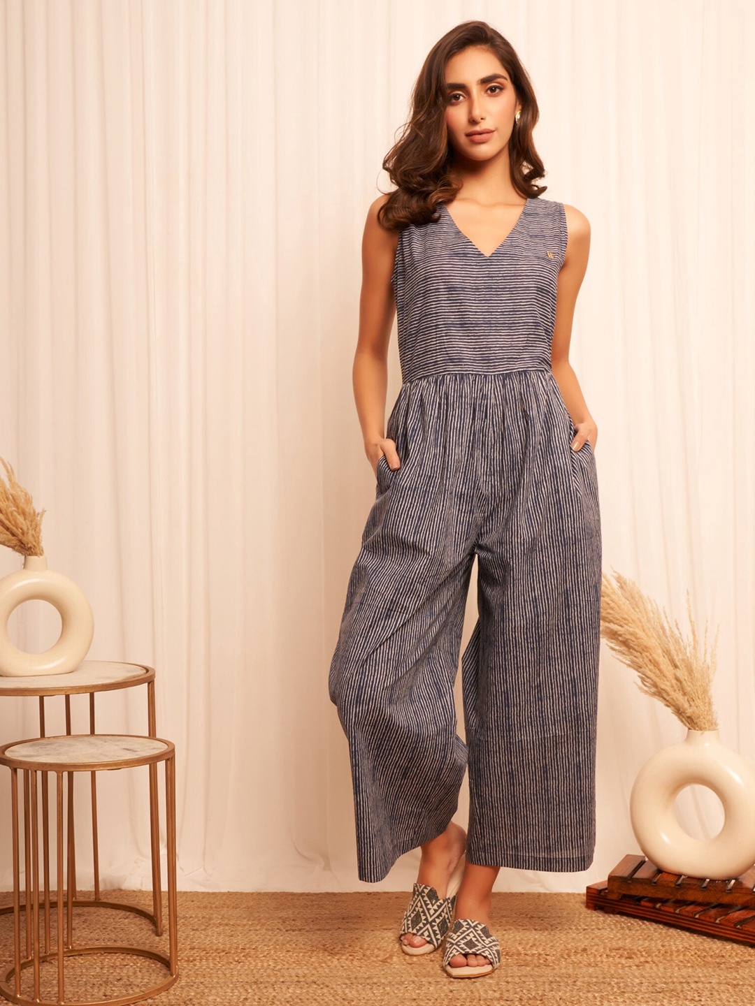 

Western Era Striped Cotton Basic Jumpsuit, Blue