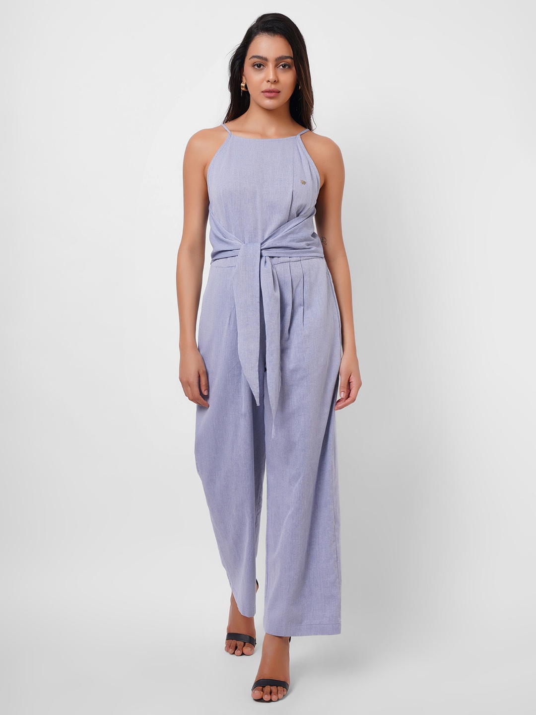 

Western Era Waist Tie-Ups With Front Knot Cotton Basic Jumpsuit, Blue