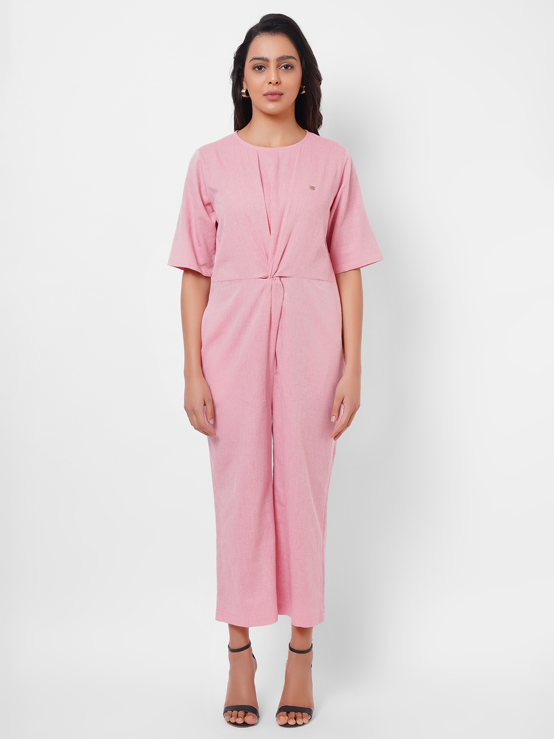 

Western Era Round Neck Short Sleeves Cotton Basic Jumpsuit, Pink