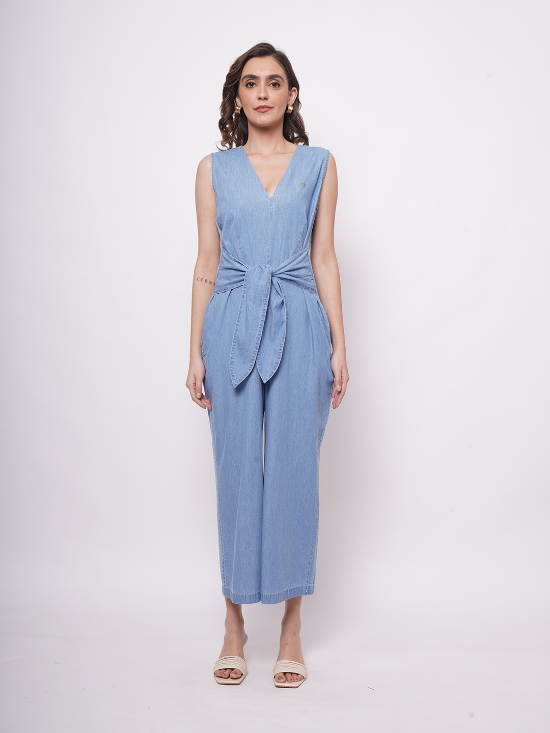 

Western Era V-Neck Waist Tie-Ups Cotton Basic Jumpsuit, Blue