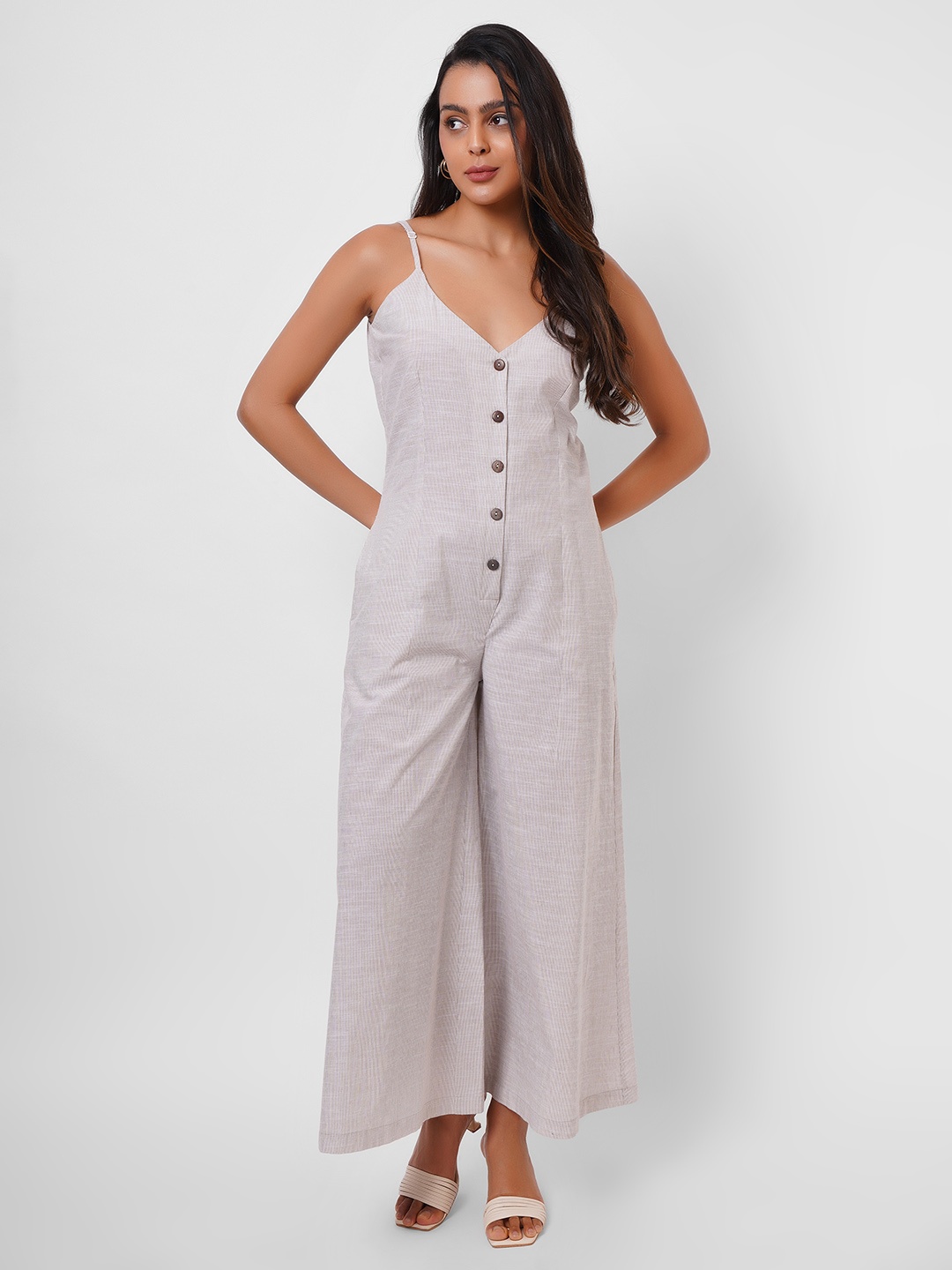 

Western Era Shoulder Straps Cotton Basic Jumpsuit, Beige