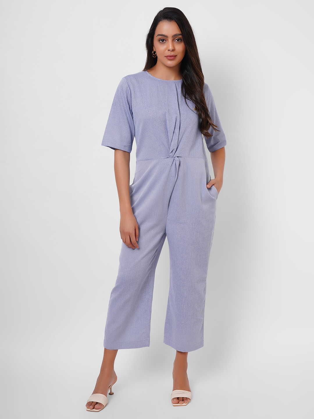 

Western Era Round Neck Short Sleeves Gathered Cotton Basic Jumpsuit, Blue