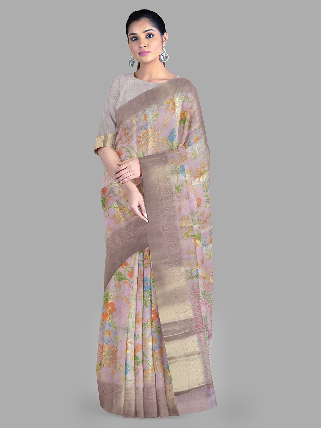 

The Chennai Silks Floral Zari Tissue Banarasi Saree, Pink