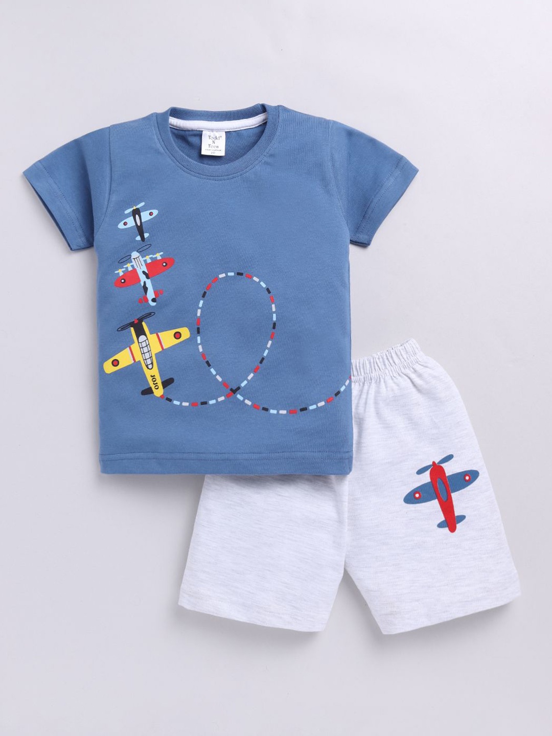

Todd N Teen Boys Printed Pure Cotton T-shirt With Shorts, Blue