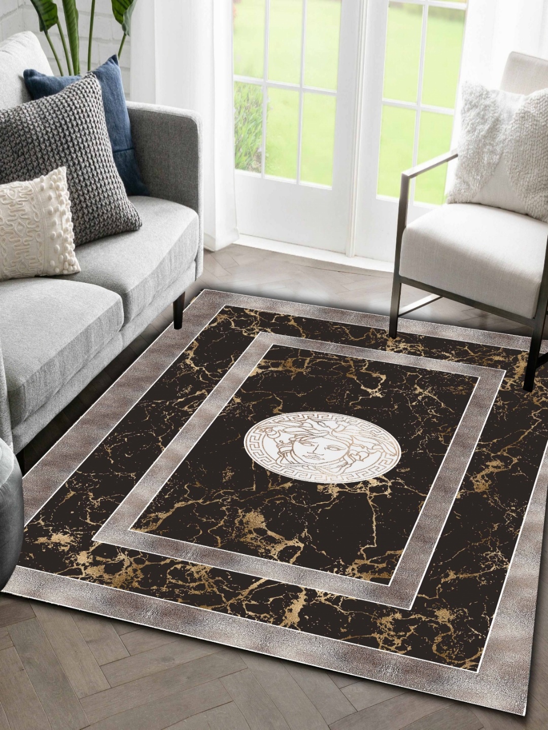 

Sparrow world Black Bohemian Anti-Skid Polyester Carpet