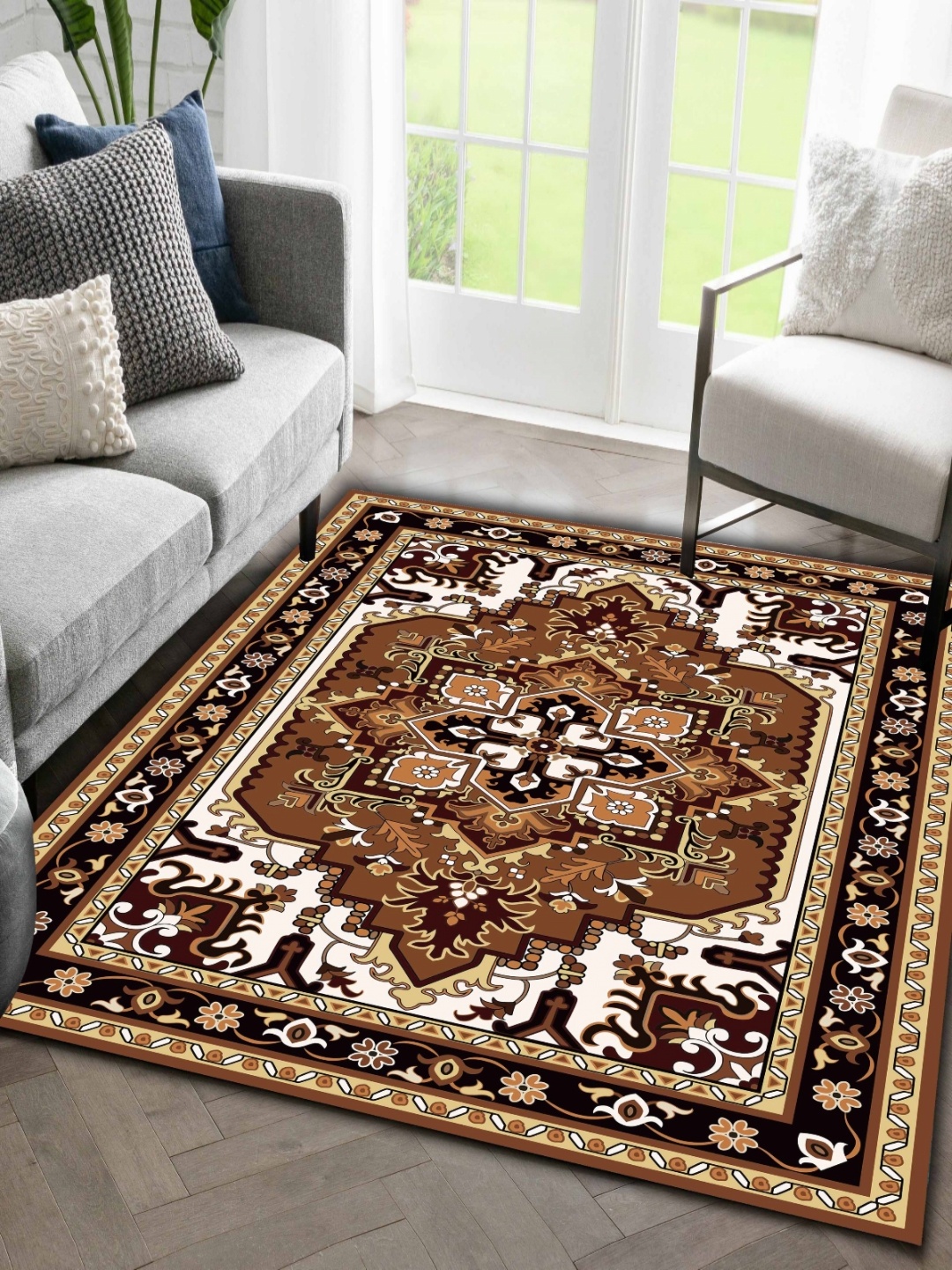 

Sparrow world Coffee Brown Bohemian Anti-Skid Polyester Carpet