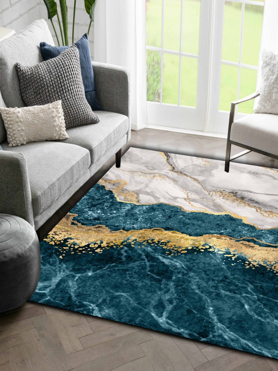 

Sparrow world Teal Bohemian Anti-Skid Polyester Carpet