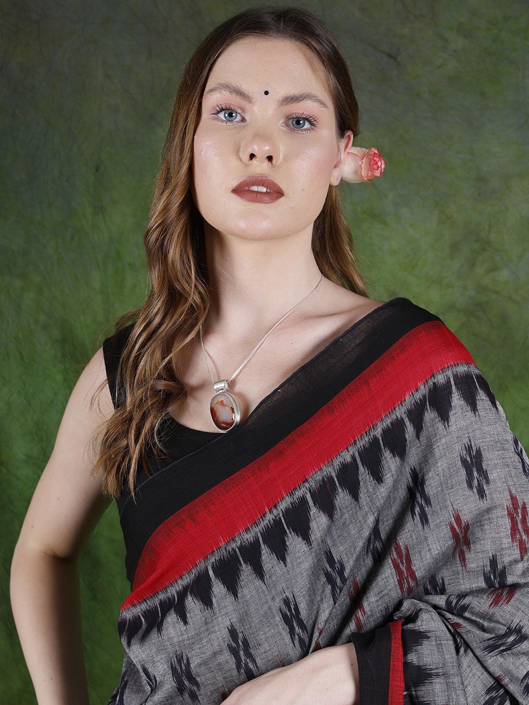 

Exotic India Woven Design Pure Cotton Ikat Saree, Grey