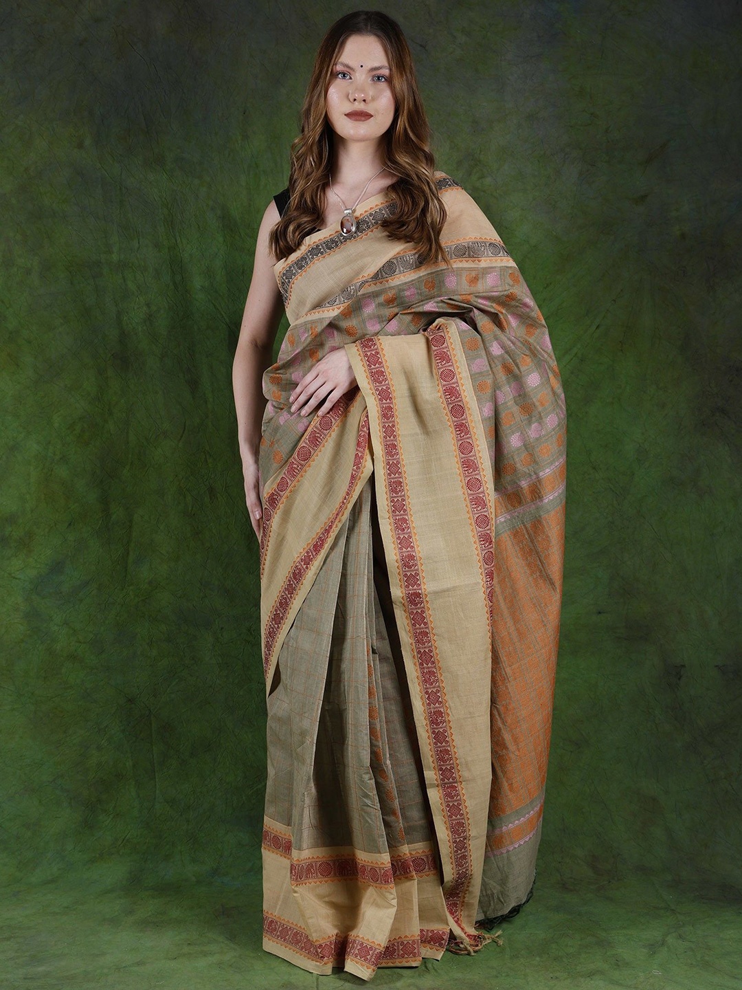 

Exotic India Woven Design Zari Pure Cotton Saree, Green