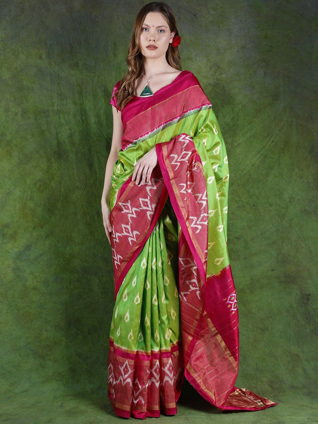 

Exotic India Pure Silk Pochampally Saree, Green