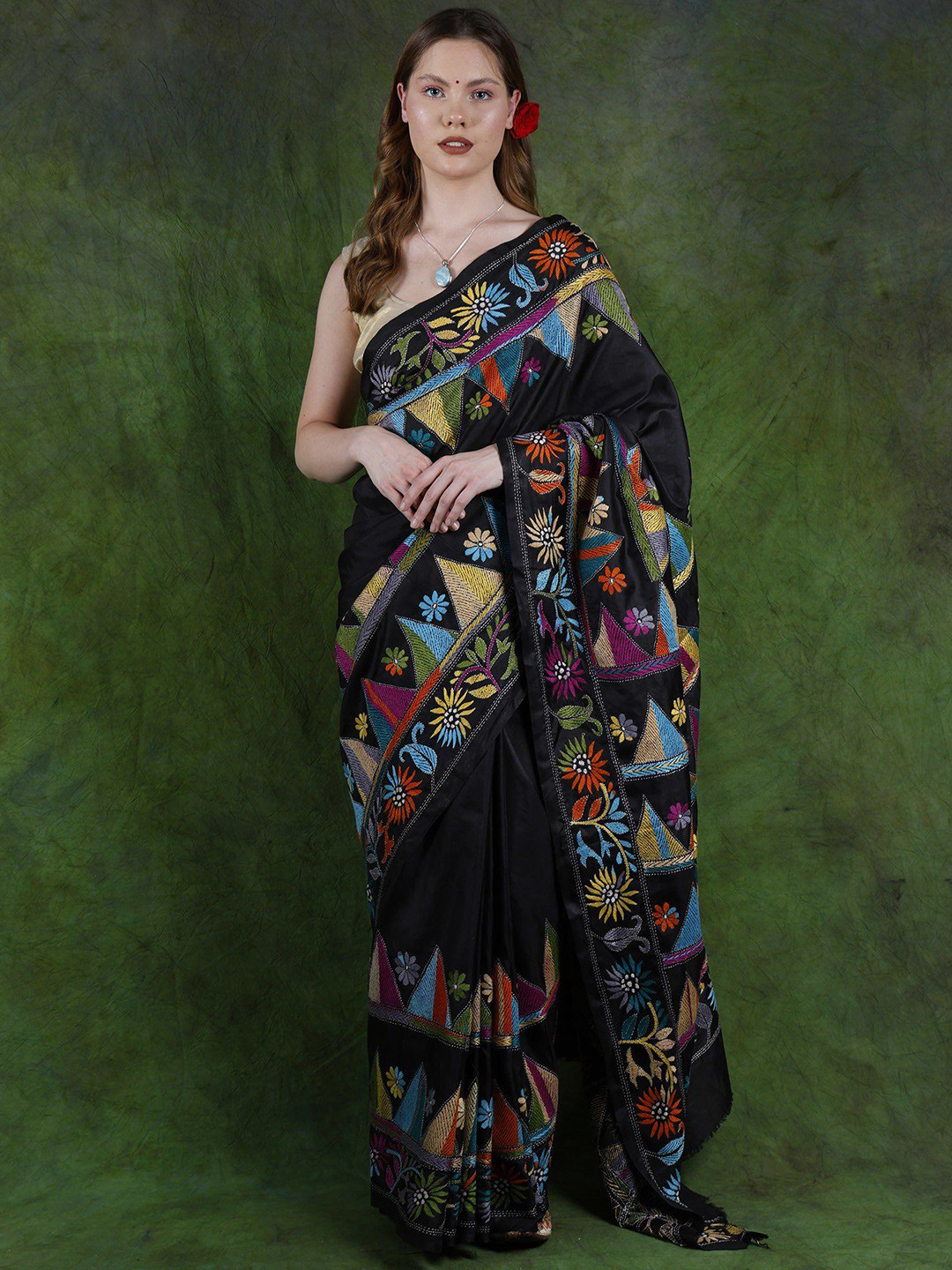 

Exotic India Embroidered Pure Silk Saree, Black
