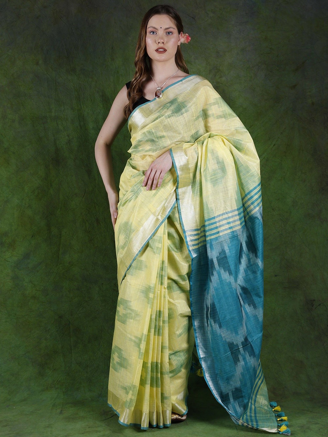 

Exotic India Woven Design Zari Pure Cotton Ikat Saree, Yellow