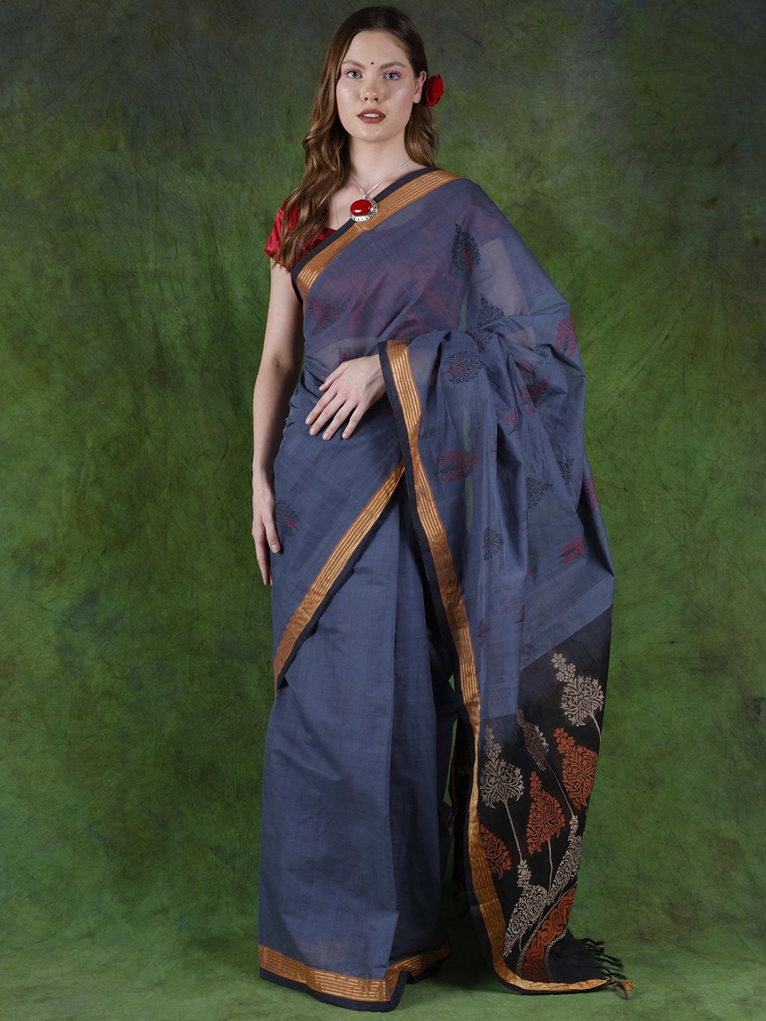 

Exotic India Ethnic Motifs Zari Pure Cotton Saree, Blue