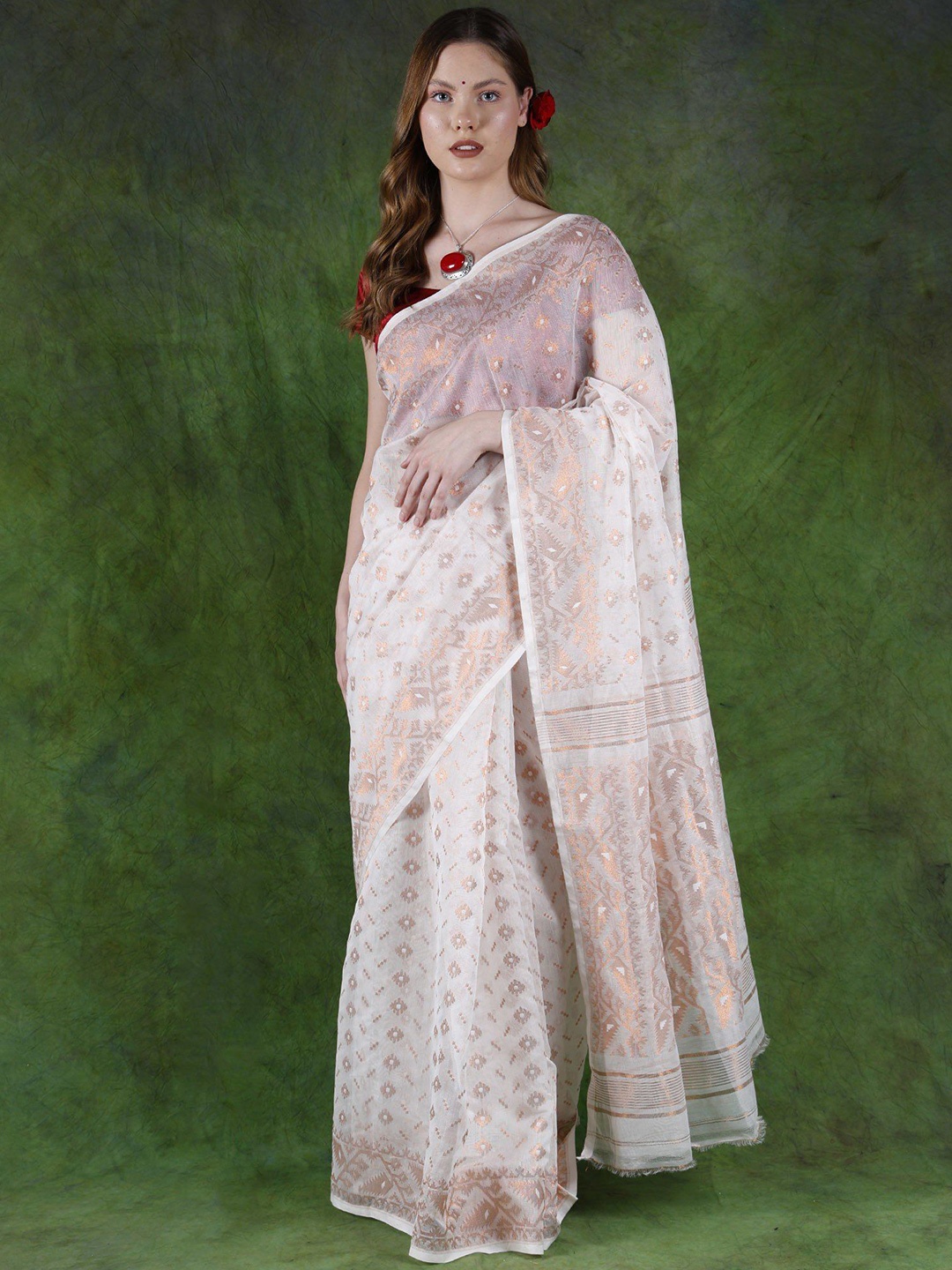 

Exotic India Woven Design Pure Cotton Jamdani Saree, White