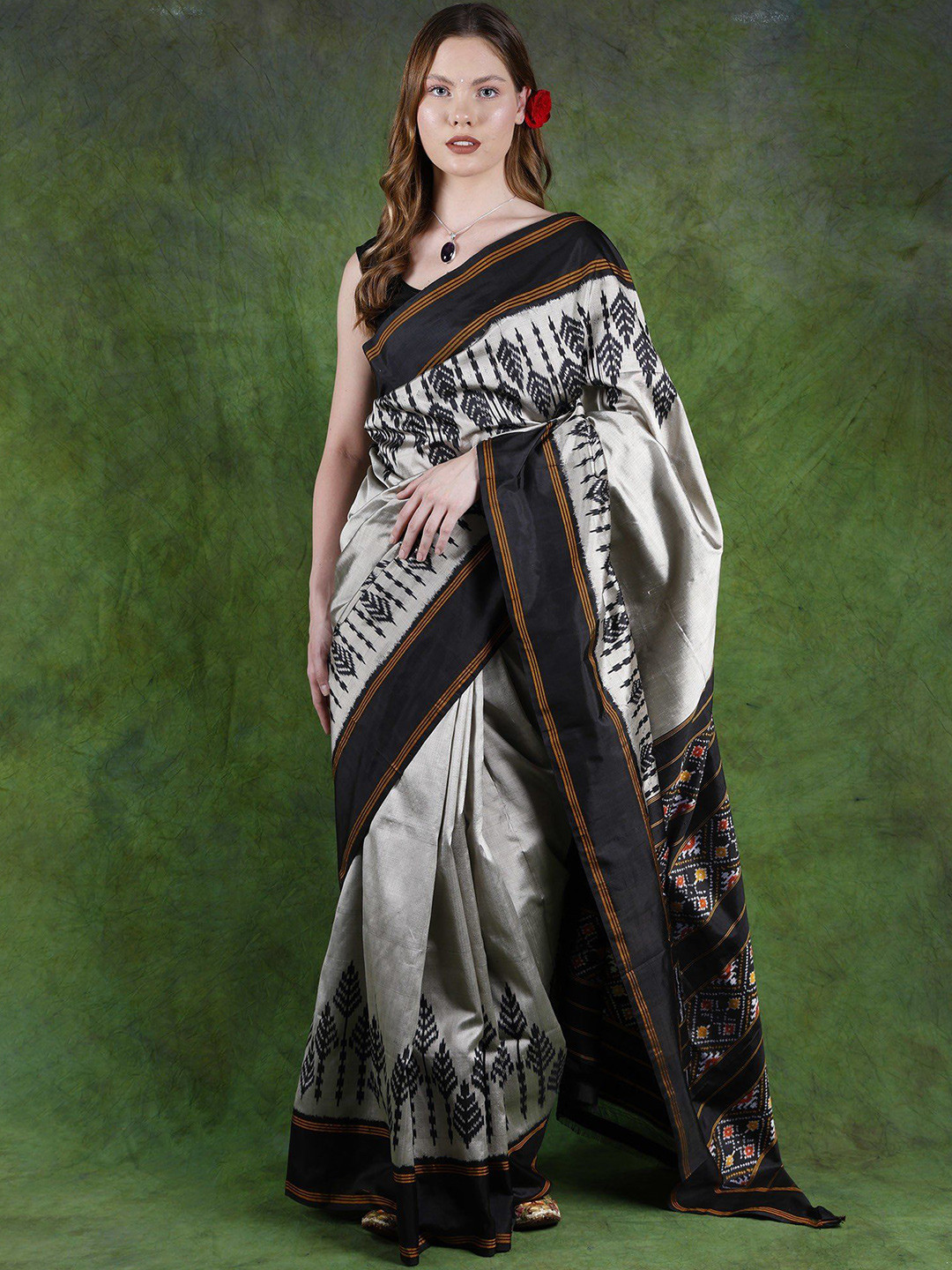 

Exotic India Ethnic Motifs Pure Silk Pochampally Saree, Silver
