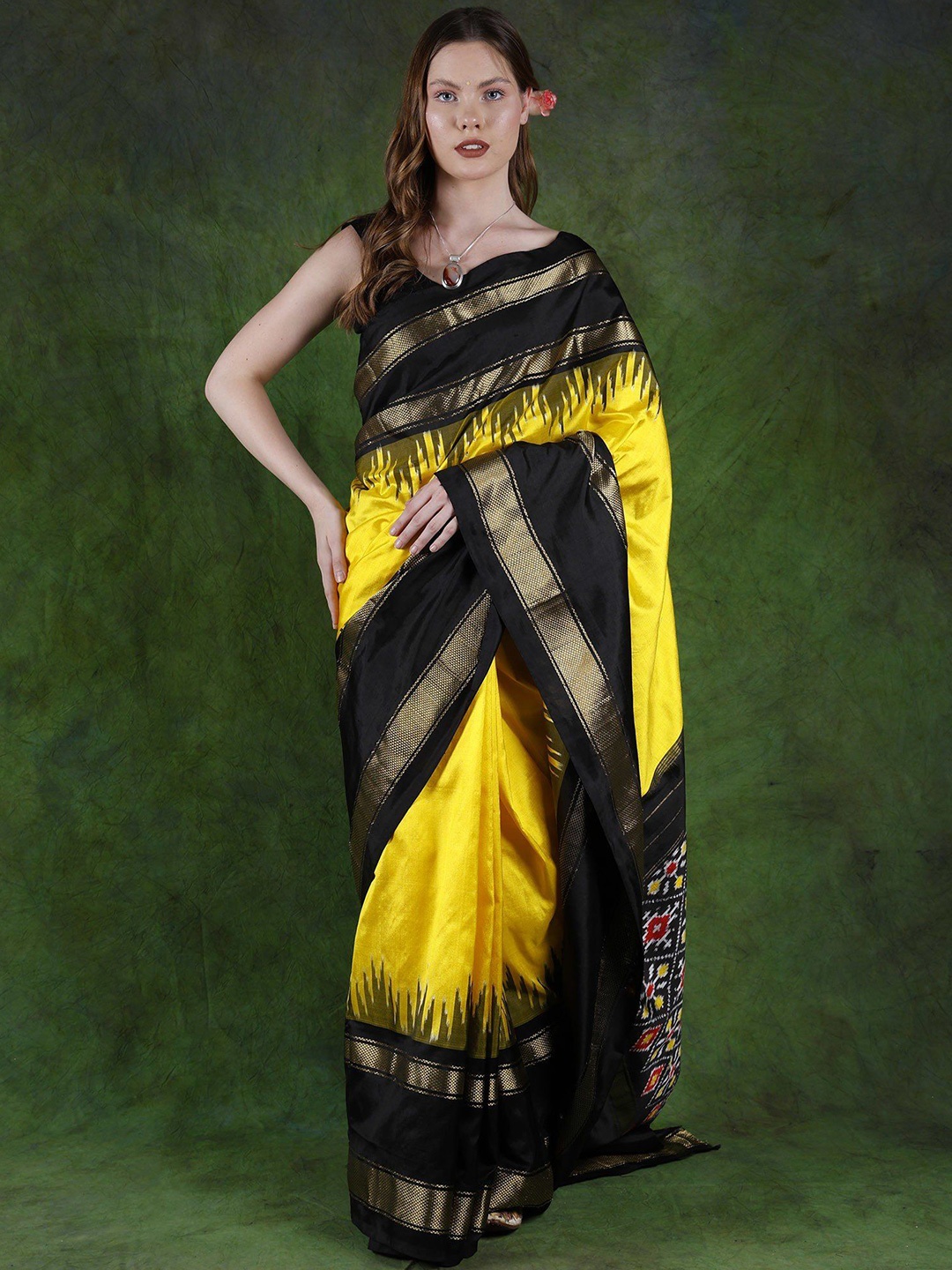 

Exotic India Zari Pure Silk Pochampally Saree, Yellow