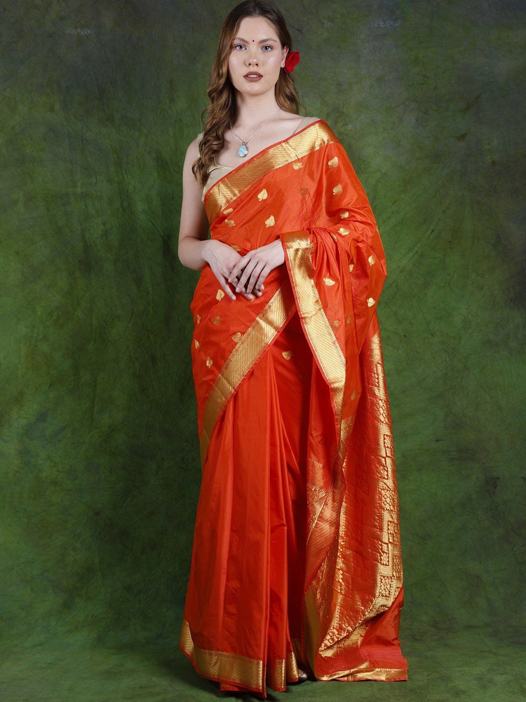 

Exotic India Woven Design Zari Pure Silk Sambalpuri Saree, Orange