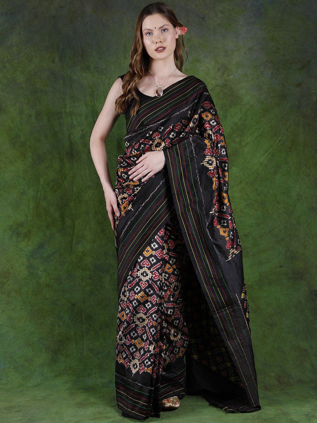 

Exotic India Woven Design Pure Silk Pochampally Saree, Black