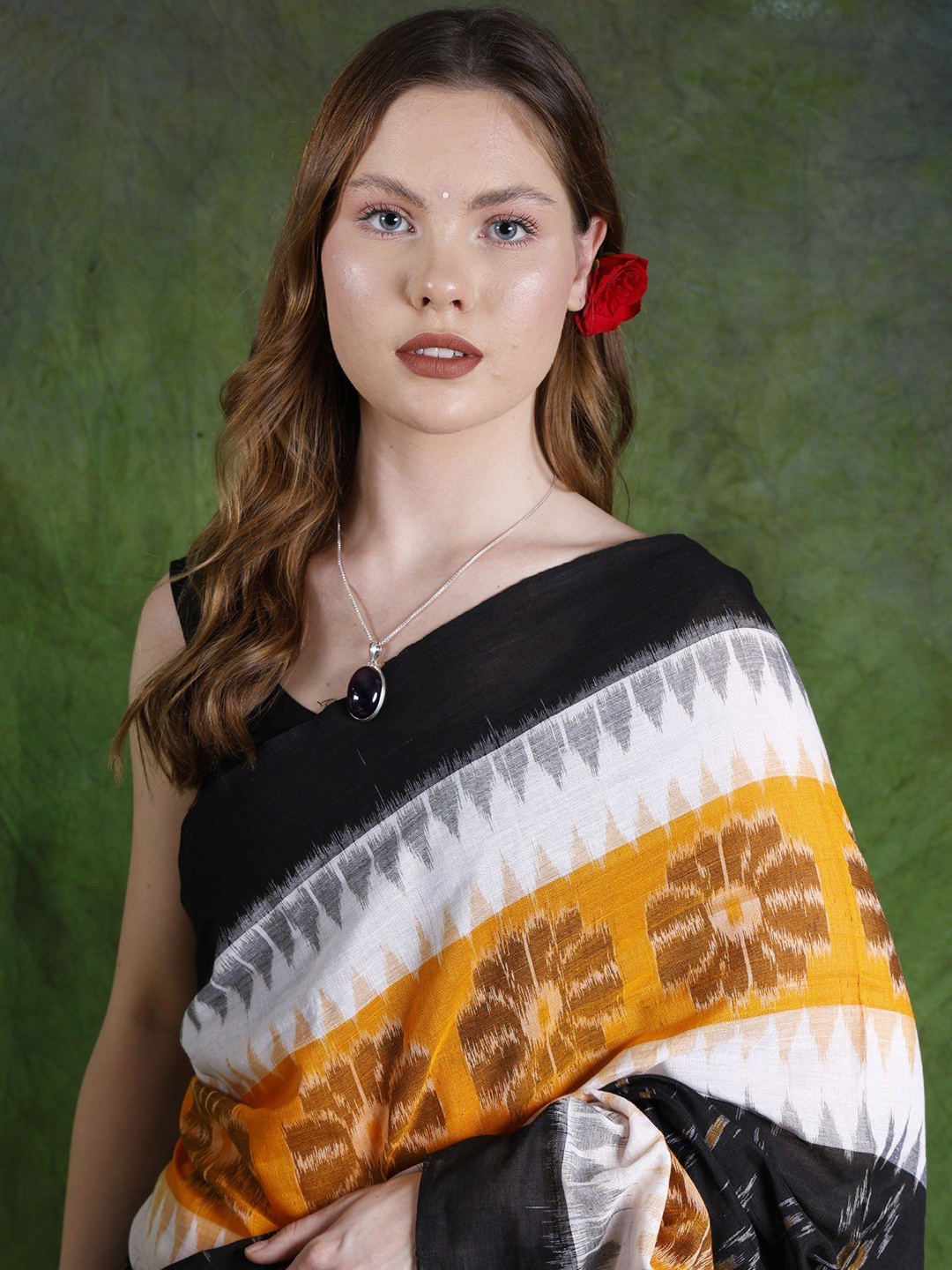 

Exotic India Woven Design Pure Cotton Sambalpuri Saree, Black