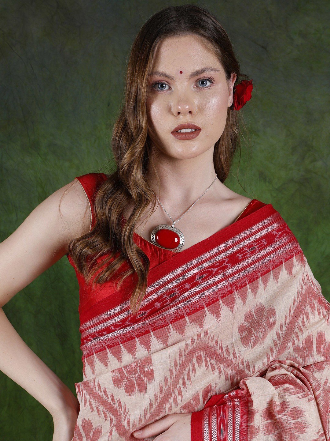 

Exotic India Woven Design Zari Pure Cotton Sambalpuri Saree, Peach