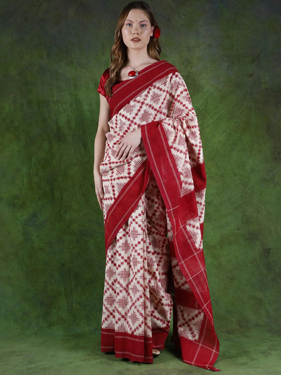 

Exotic India Pure Cotton Pochampally Saree, Off white