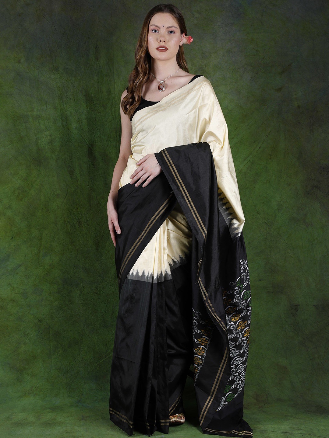 

Exotic India Colourblocked Pure Silk Pochampally Saree, Black