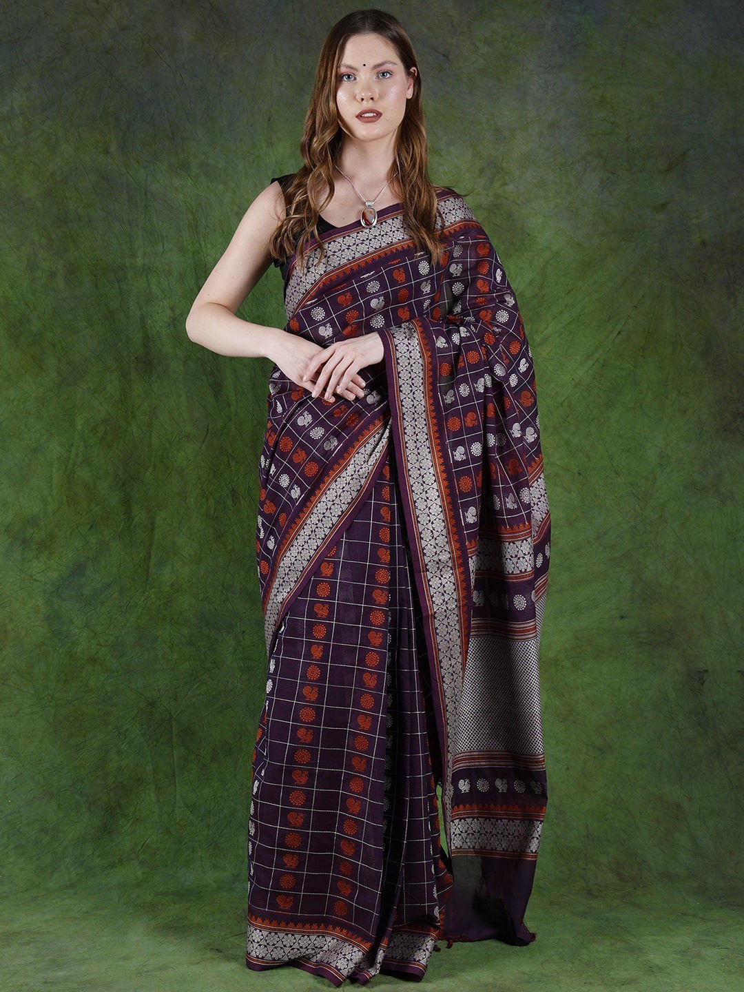 

Exotic India Purple Pennant Thirunelveli Chedi Butta Saree with Woven Chakra and Peacock
