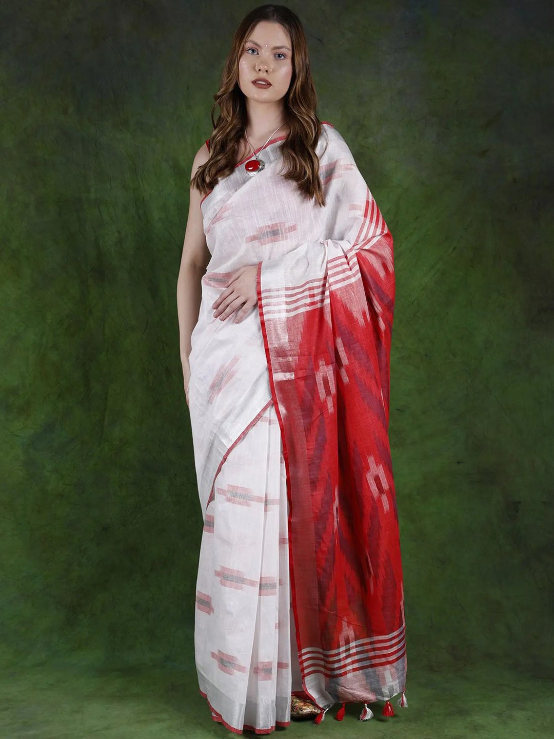 

Exotic India Woven Design Zari Pure Cotton Ikat Saree, White