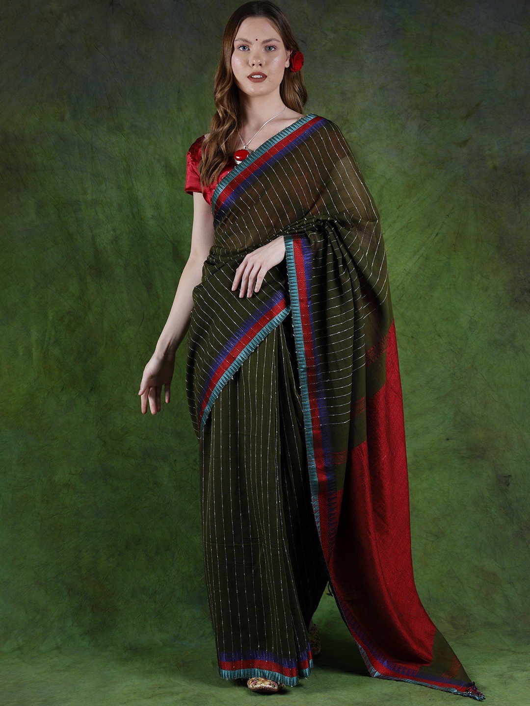 

Exotic India Striped Sequinned Pure Cotton Saree, Green