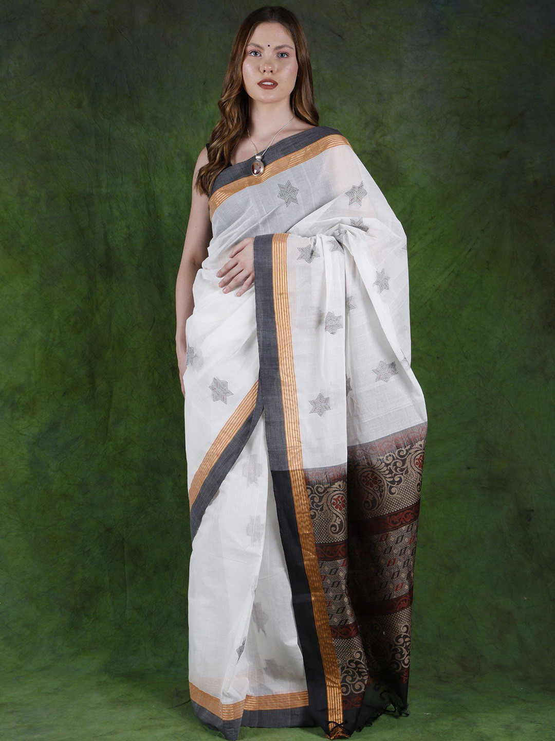 

Exotic India Woven Design Zari Pure Cotton Saree, White
