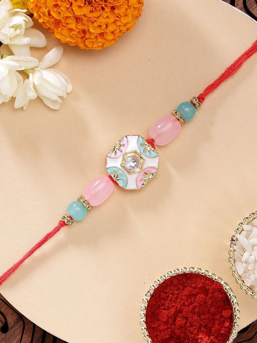 

KARATCART Pink & Blue Meena Kundan Rakhi with Roli & Chawal, Red