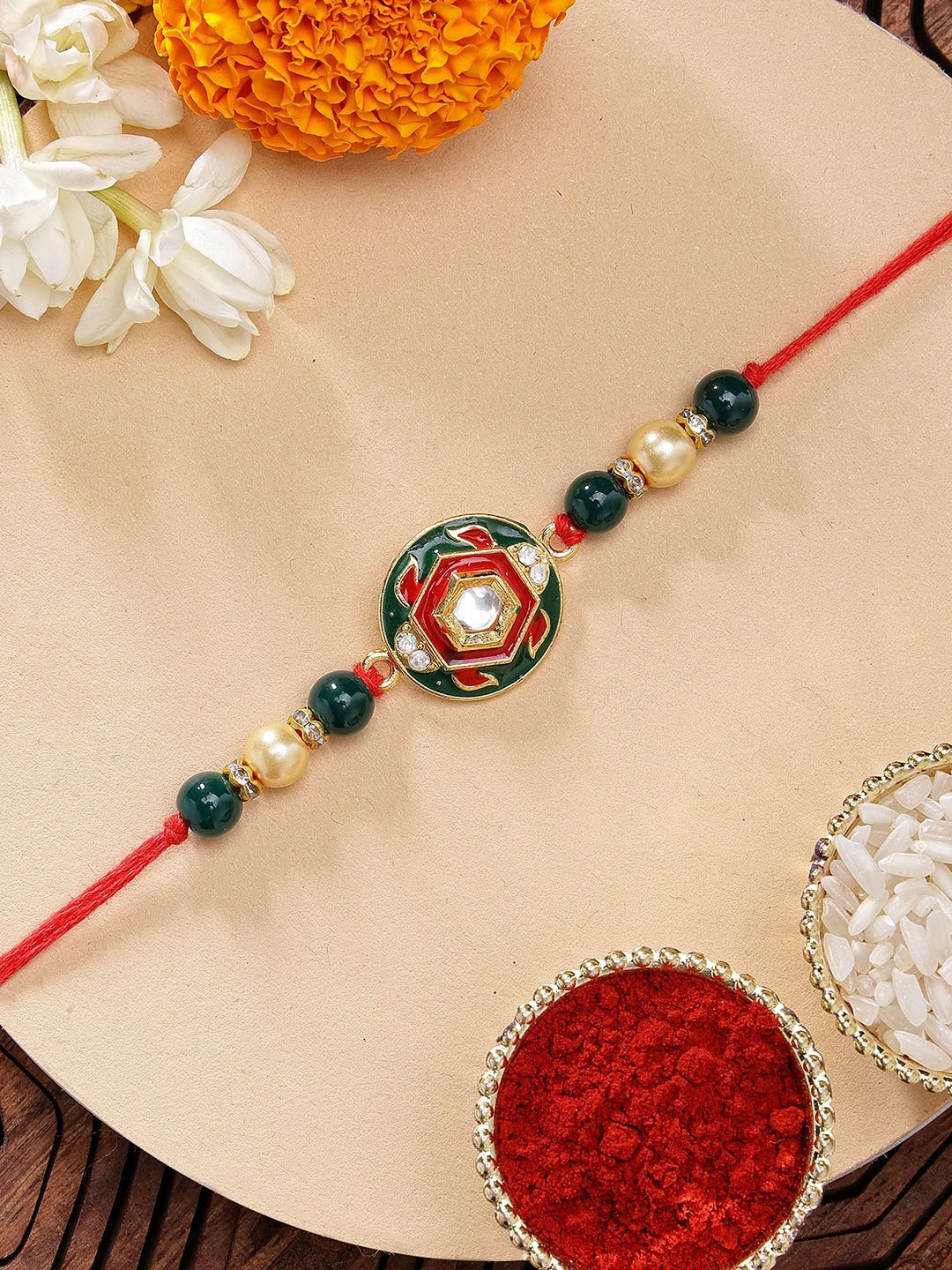 

KARATCART Red & Green Meena Polki Kundan Rakhi with Roli & Chawal