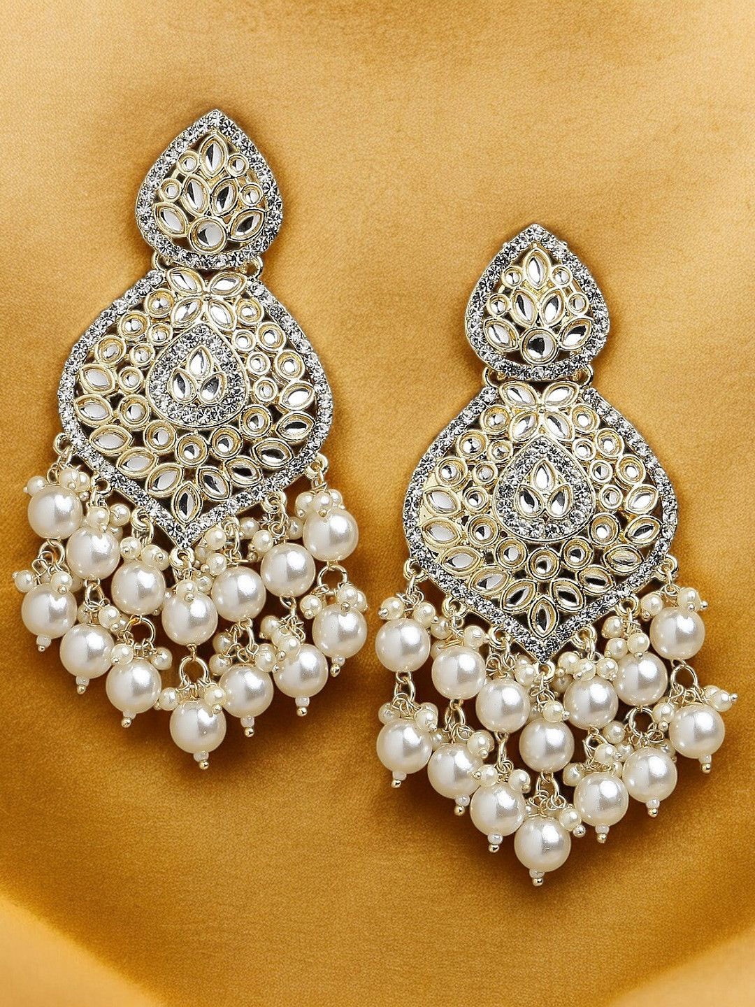 

OOMPH Floral Kundan Drop Earrings, White